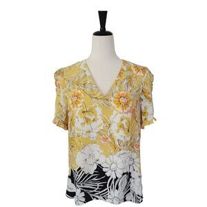 Daniel Rainn Yellow Floral V-neck Ruffle Sleeve Detail Chiffon Blouse Size M